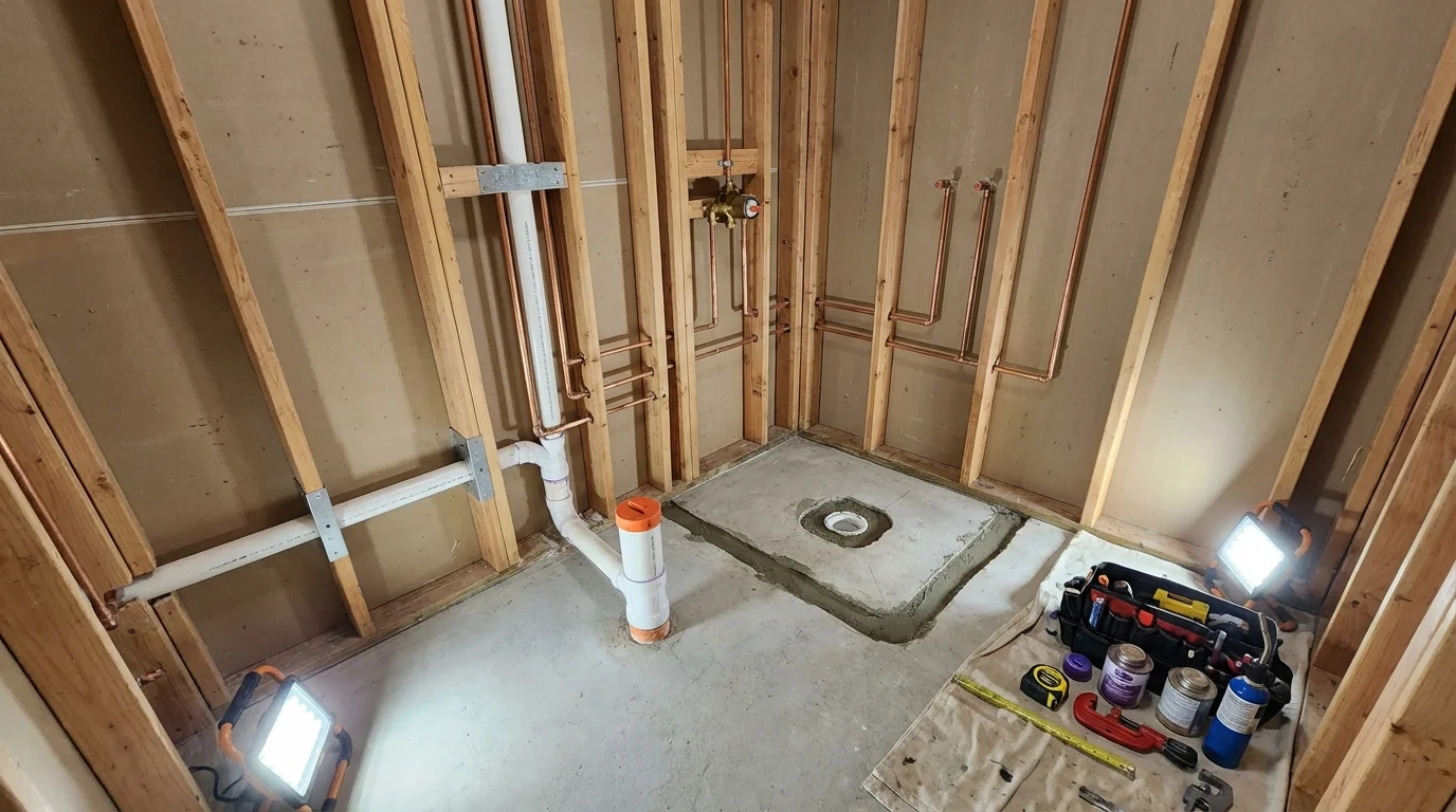 Bathroom rough-in plumbing during remodel by Johns Plumbing LLC in Burlington