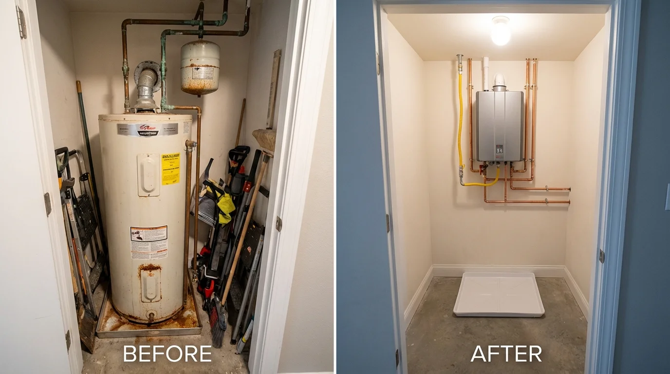 Tank water heater versus wall-mounted tankless unit comparison for Burlington, IA homeowners