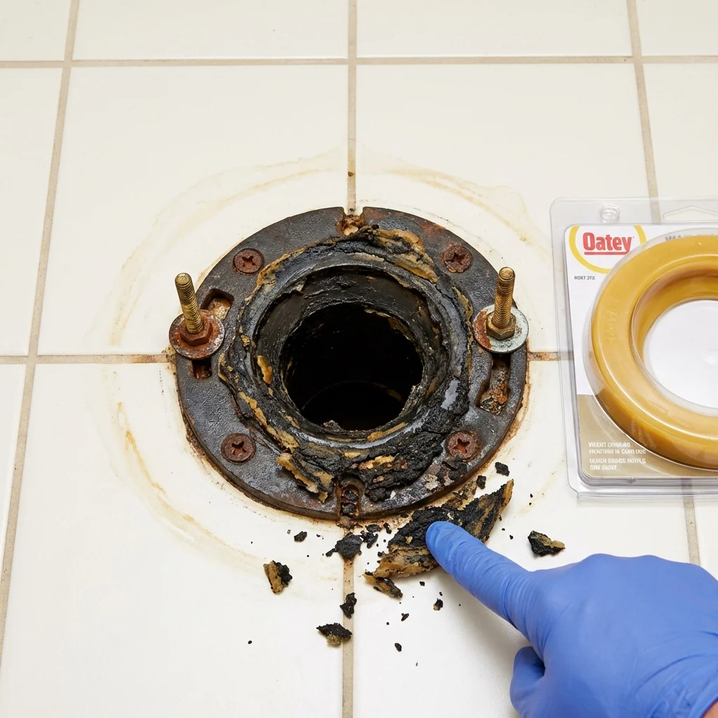 Failed wax ring showing water seepage at the base of a toilet in a Burlington, IA home