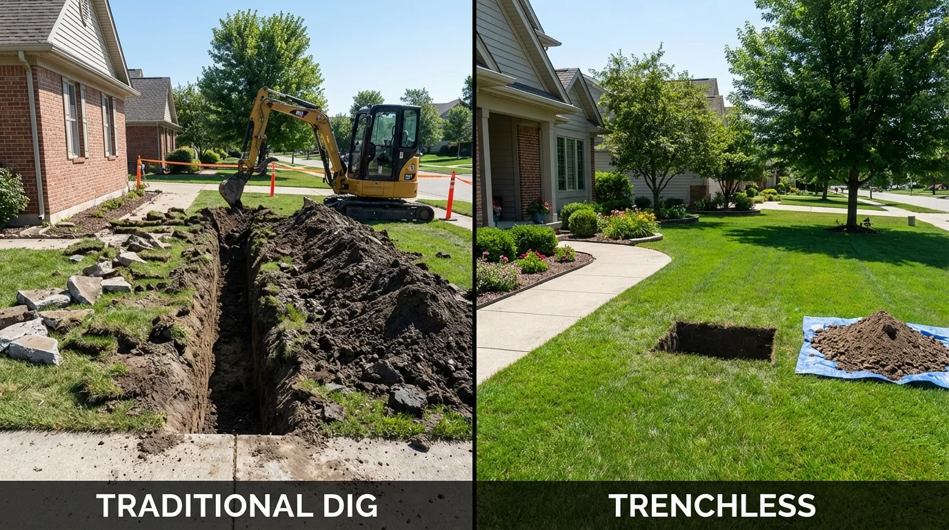 Trenchless sewer repair with minimal yard damage versus traditional excavation in Burlington, IA