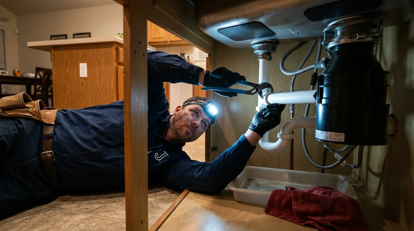 P-trap and supply line connections under a kitchen sink showing a common leak point in Burlington, IA